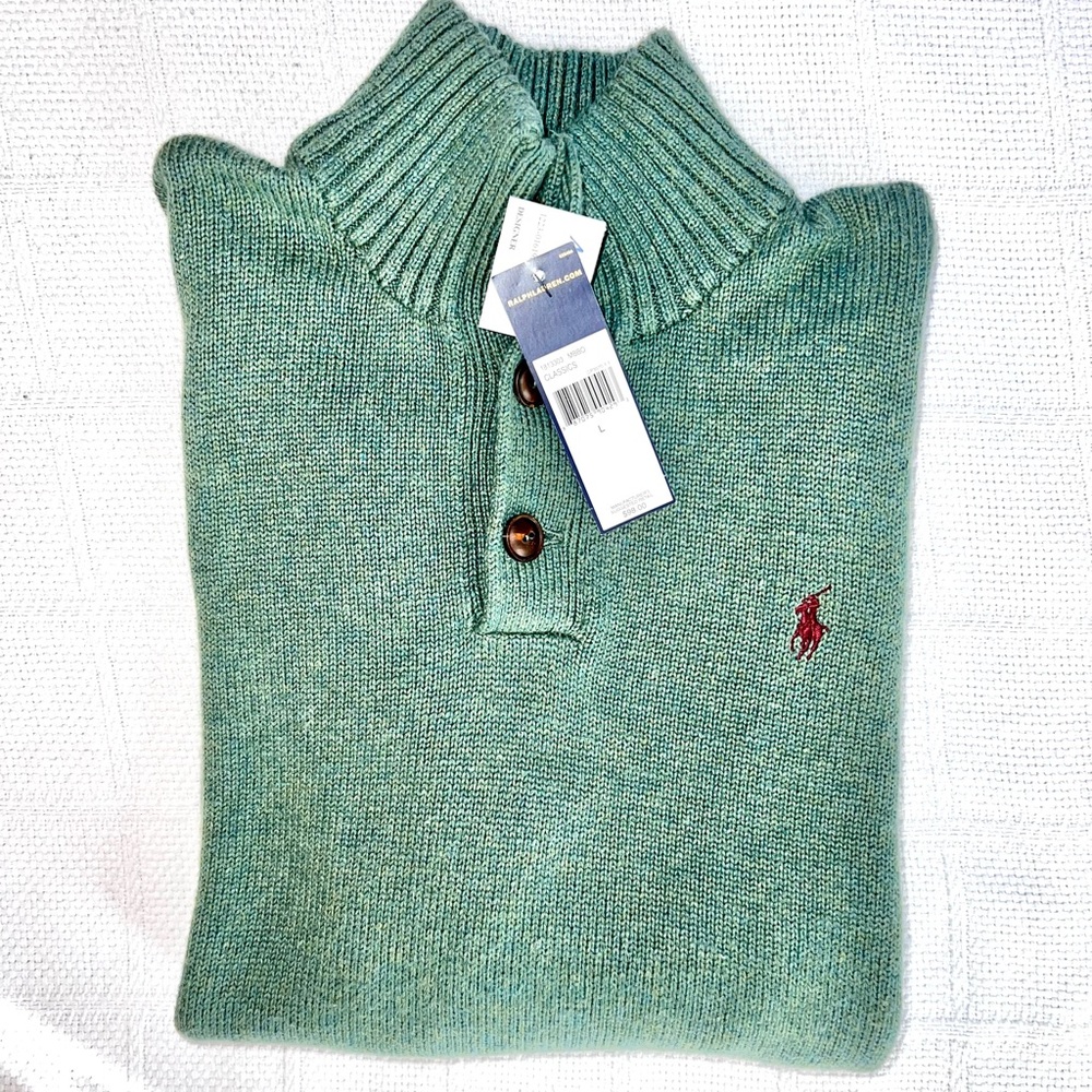 Ralph Lauren’s Men’s 100% Cotton- Button Up Collar-Heather Green Sweater NWT